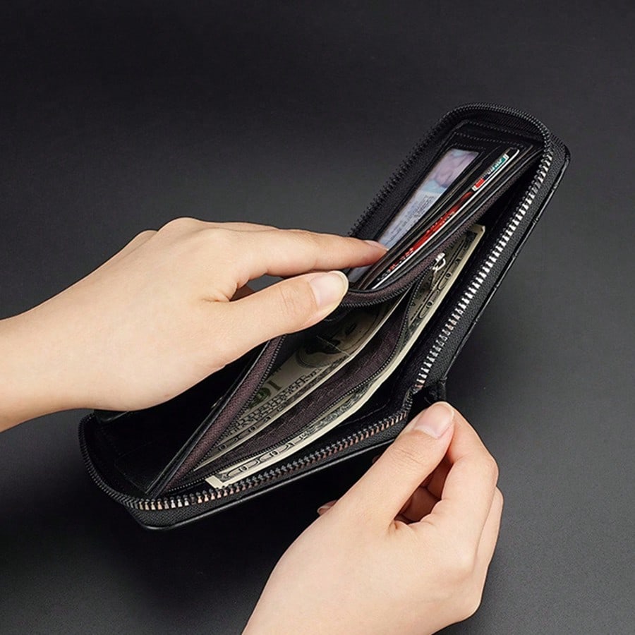 Men’s Luxury Black Leather Wallet – RFID Zipper Card Holder with Coin Pocket