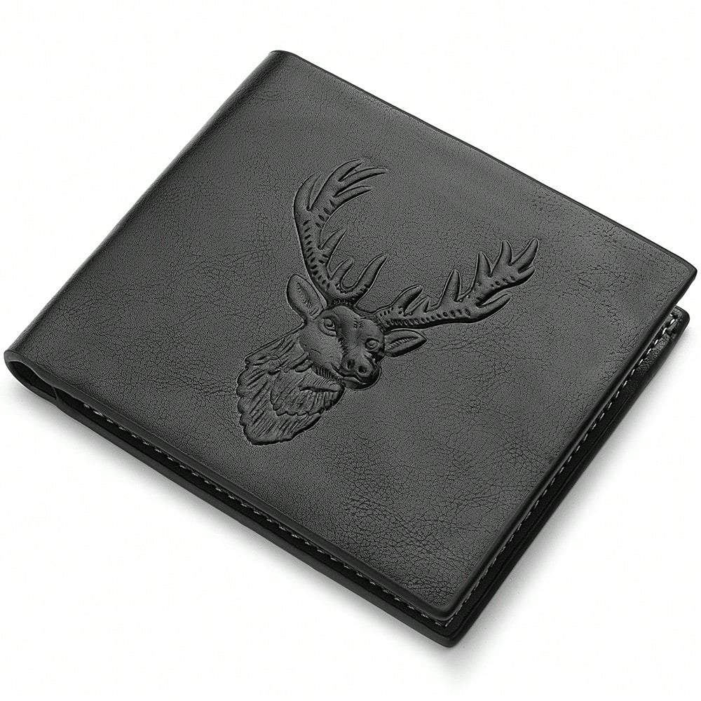 Men's Vintage Reindeer Embossed PU Leather Wallet – Multi-Function Bifold Card Holder