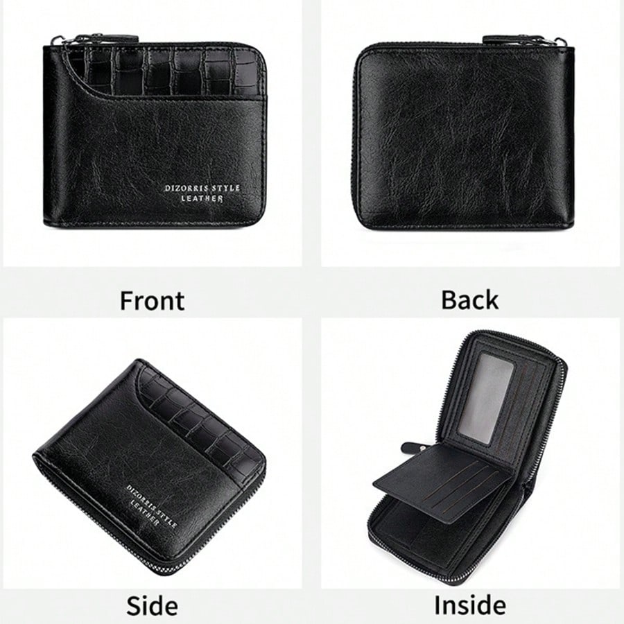 Men’s Luxury Black Leather Wallet – RFID Zipper Card Holder with Coin Pocket