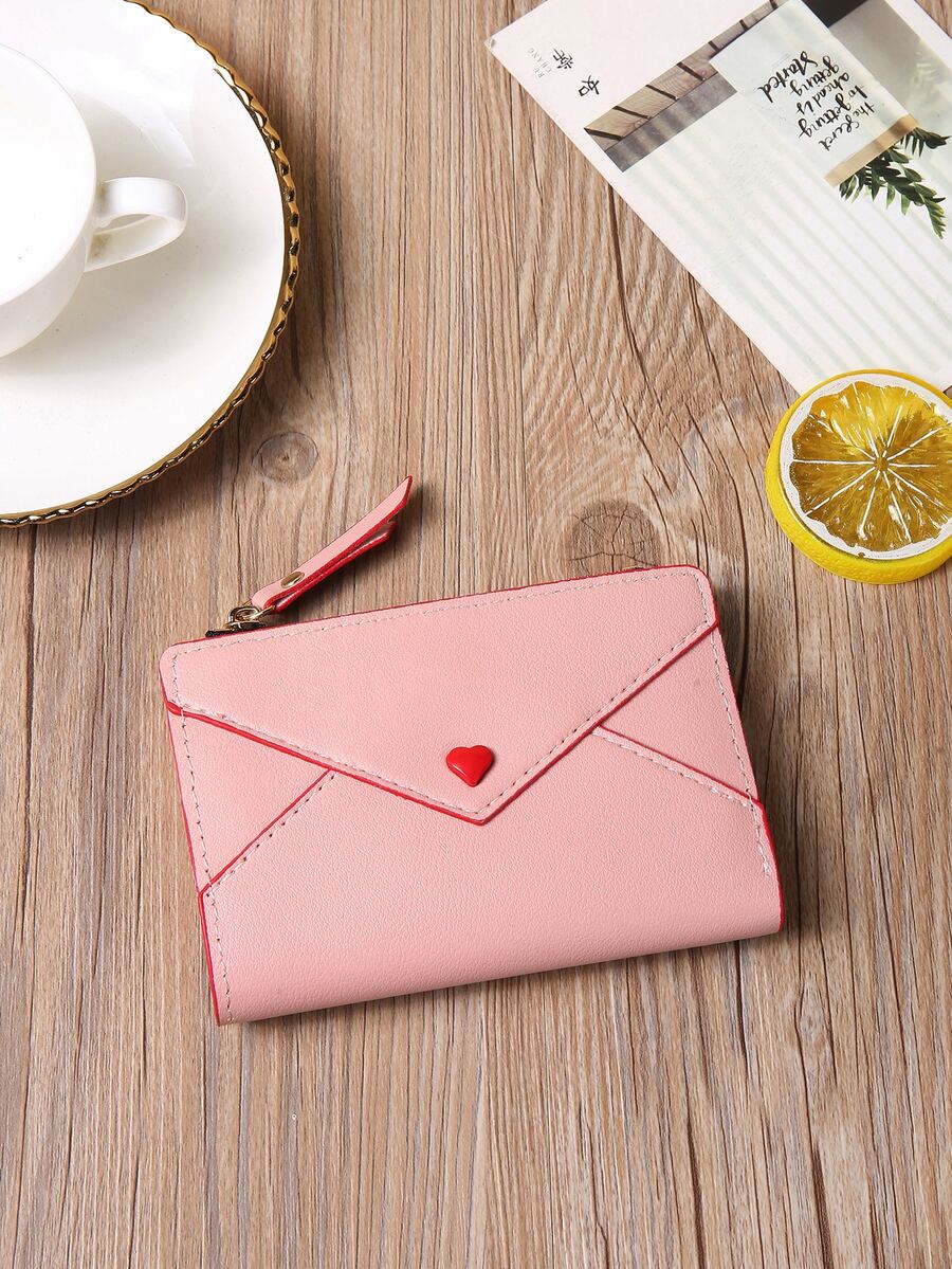 Heart Decor Credit Card Wallet with Small ID Window & Zipper Coin Purse – Portable and Stylish