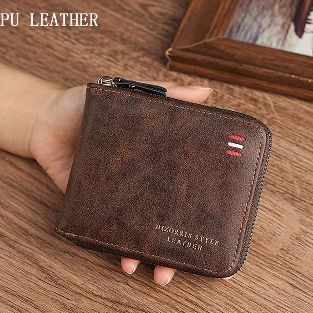 Vintage Multi-Function Bifold PU Leather Wallet – Men's Zippered Card & ID Holder