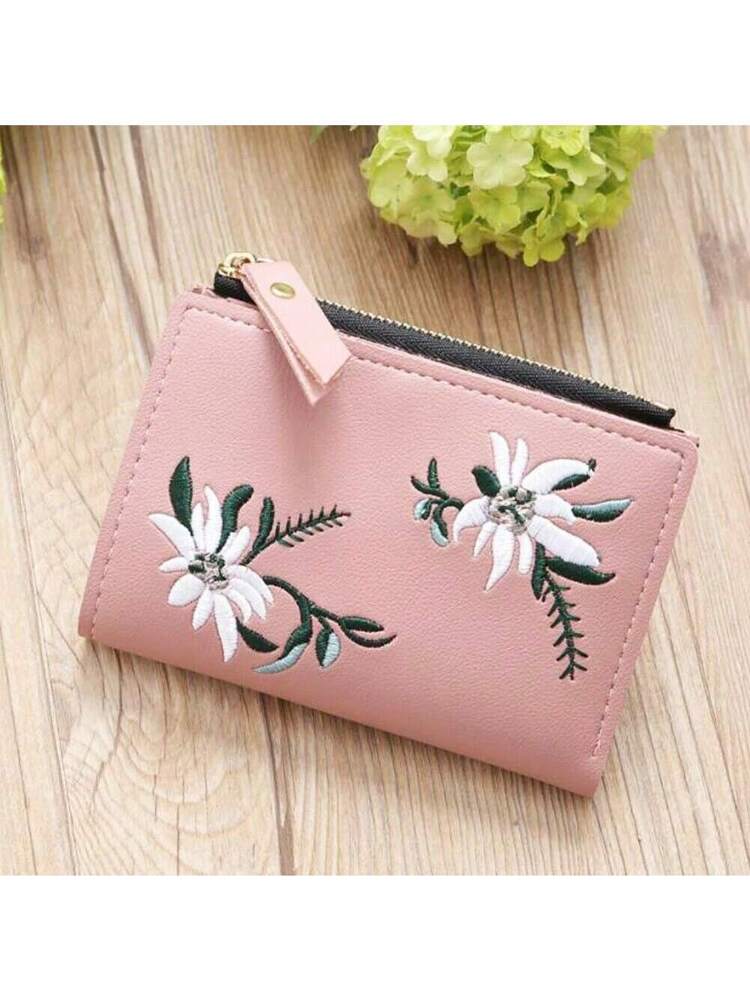 Small Black Bifold Wallet with White Flower Embroidery and Zipper Closure