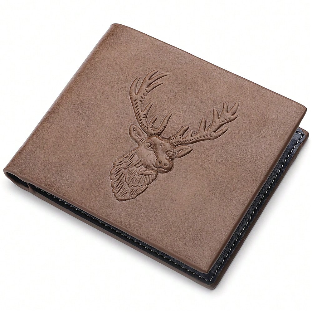 Men's Vintage Reindeer Embossed PU Leather Wallet – Multi-Function Bifold Card Holder