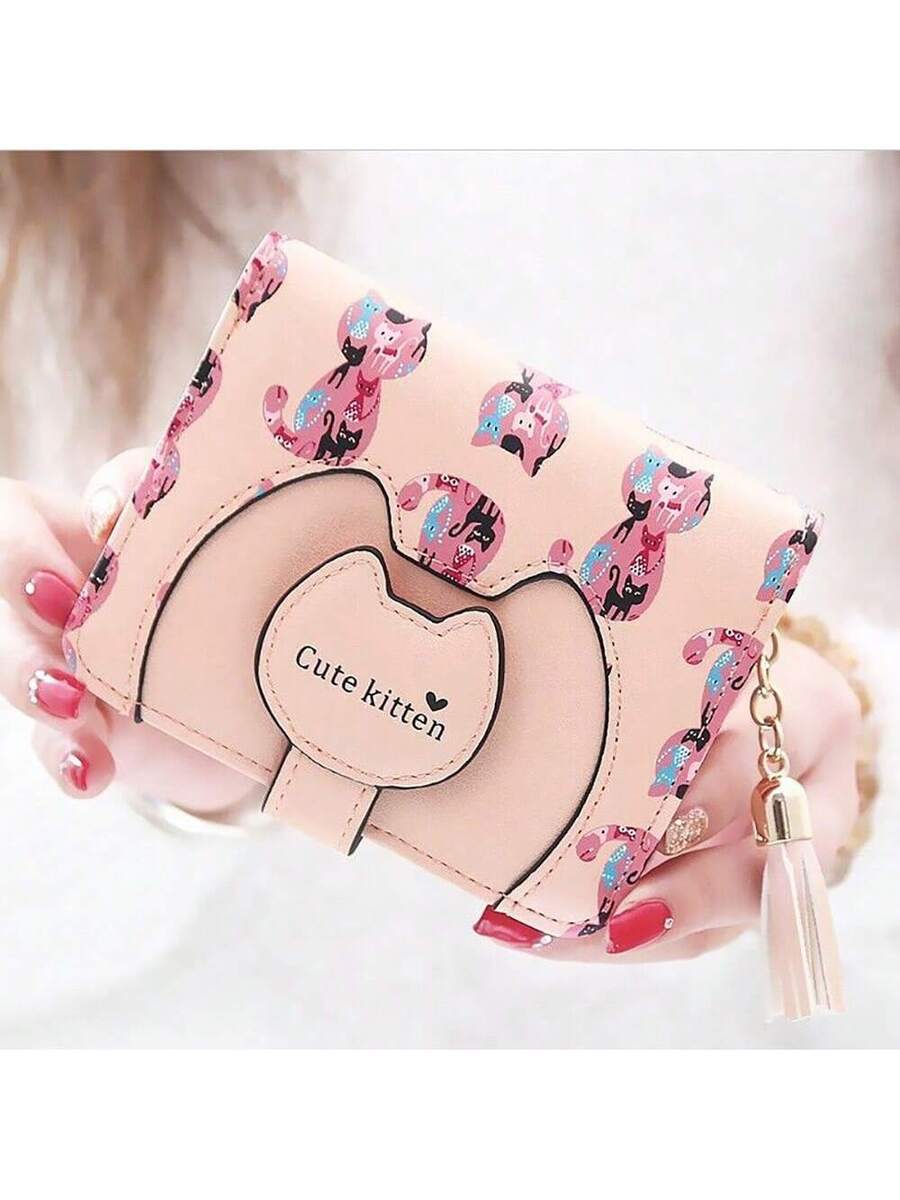 Cute Cartoon Cat Bifold Wallet with Tassel Zipper – Blue