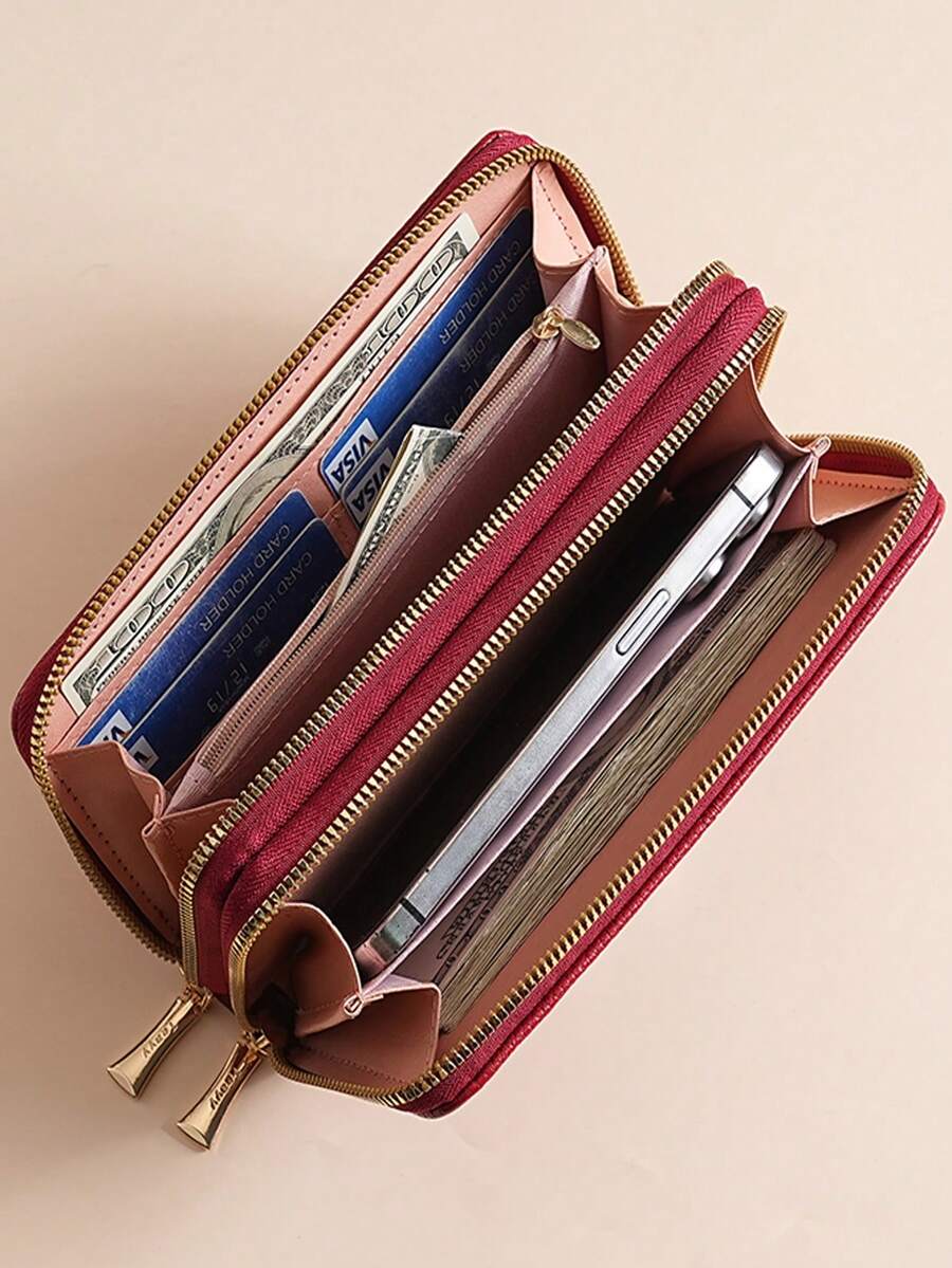Women's Long Zipper Wallet with Wrist Strap – Multi-Card Phone Holder & Coin Purse (Brown)