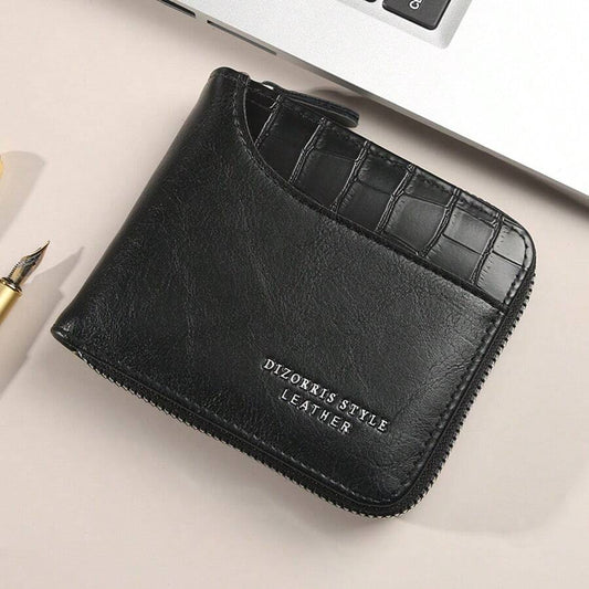 Men’s Luxury Black Leather Wallet – RFID Zipper Card Holder with Coin Pocket