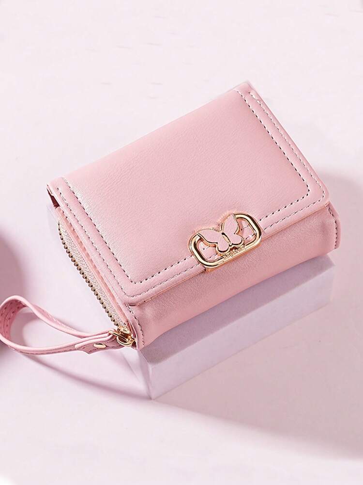 Women's Short Zipper Trifold Wallet with Butterfly Metal Decor