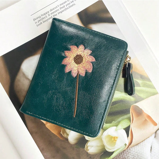 Women’s Short Wallet with Sunflower Embroidery – Retro Fashion Zipper Coin Purse