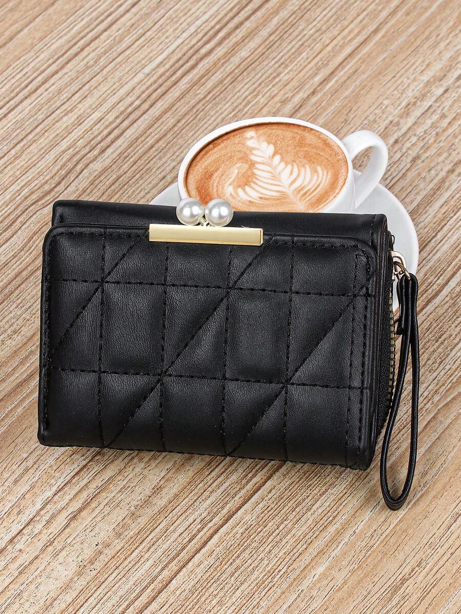 Women’s Quilted Faux Pearl Clip Wallet – 2-in-1 Rhombic Pattern Coin & Card Holder with Wrist Strap