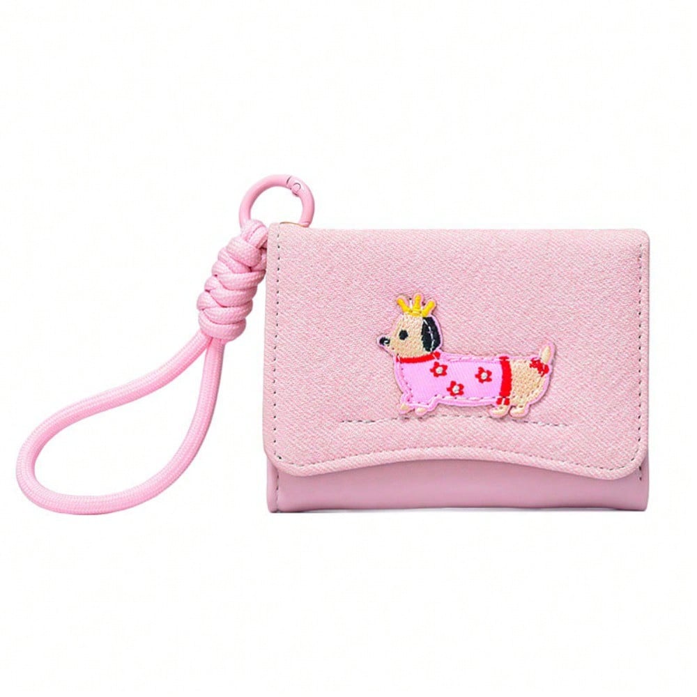 1pc Dog Print Women Flip Cover Button Wallet with Strap – Student Folding Short Handbag with Multiple Card Slots and Coin Purse