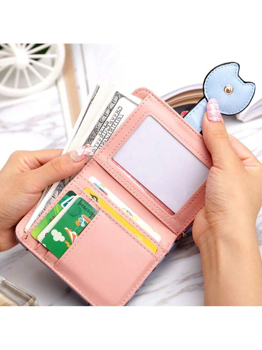 Cute Cartoon Cat Bifold Wallet with Tassel Zipper – Blue