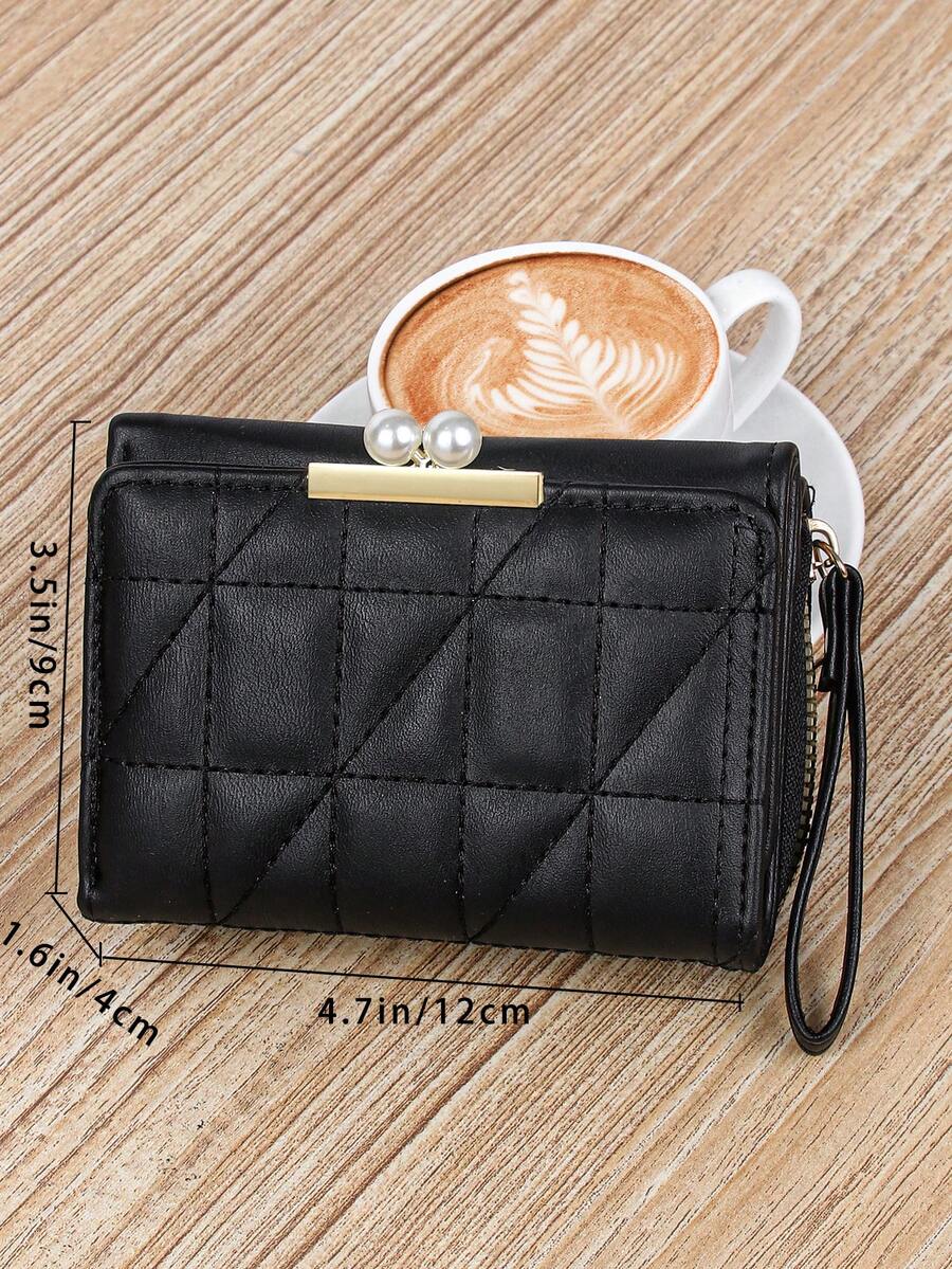 Women’s Quilted Faux Pearl Clip Wallet – 2-in-1 Rhombic Pattern Coin & Card Holder with Wrist Strap