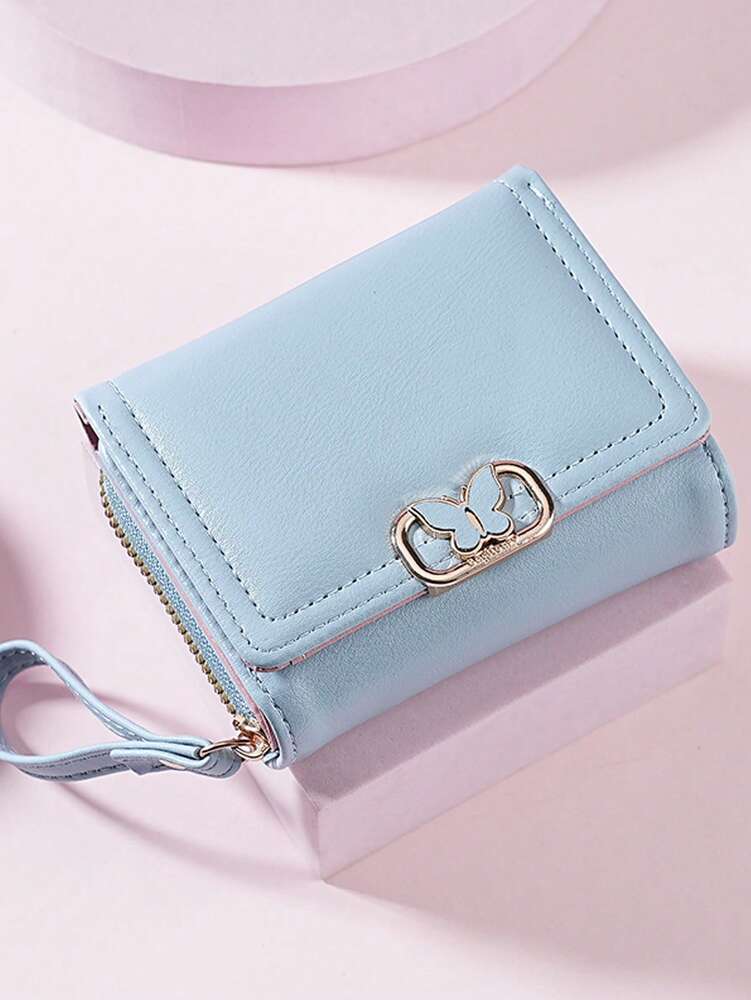 Women's Short Zipper Trifold Wallet with Butterfly Metal Decor