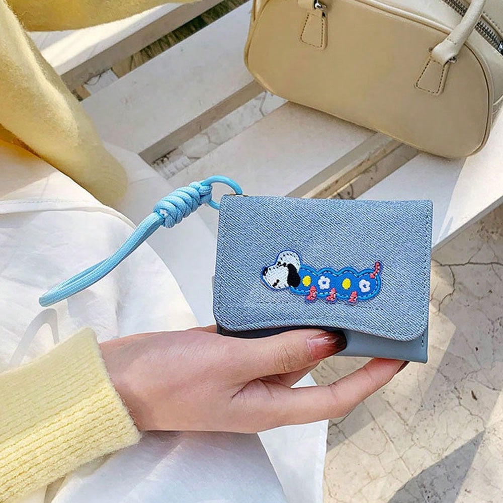 1pc Dog Print Women Flip Cover Button Wallet with Strap – Student Folding Short Handbag with Multiple Card Slots and Coin Purse