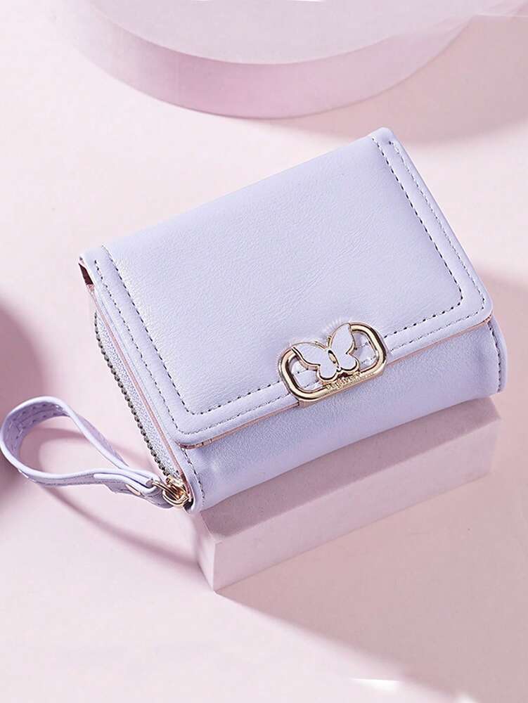 Women's Short Zipper Trifold Wallet with Butterfly Metal Decor