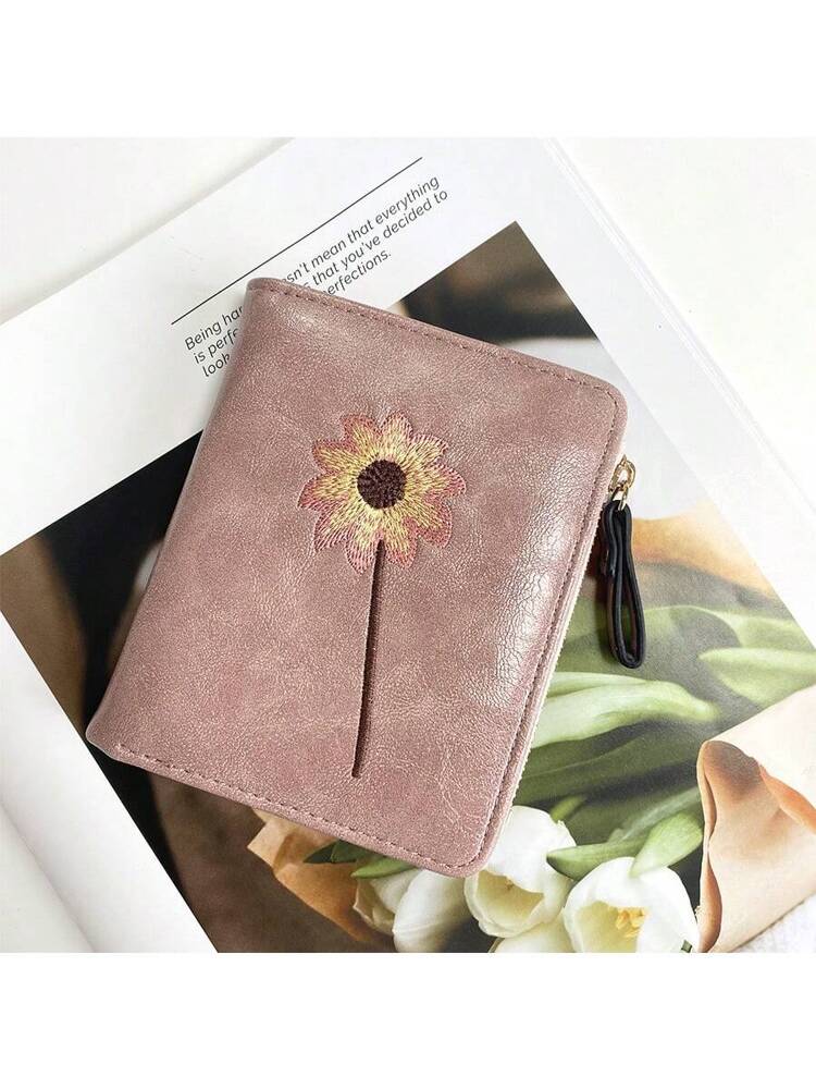 Women’s Short Wallet with Sunflower Embroidery – Retro Fashion Zipper Coin Purse
