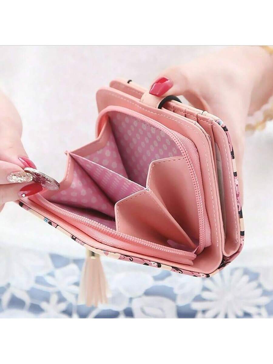 Cute Cartoon Cat Bifold Wallet with Tassel Zipper – Blue