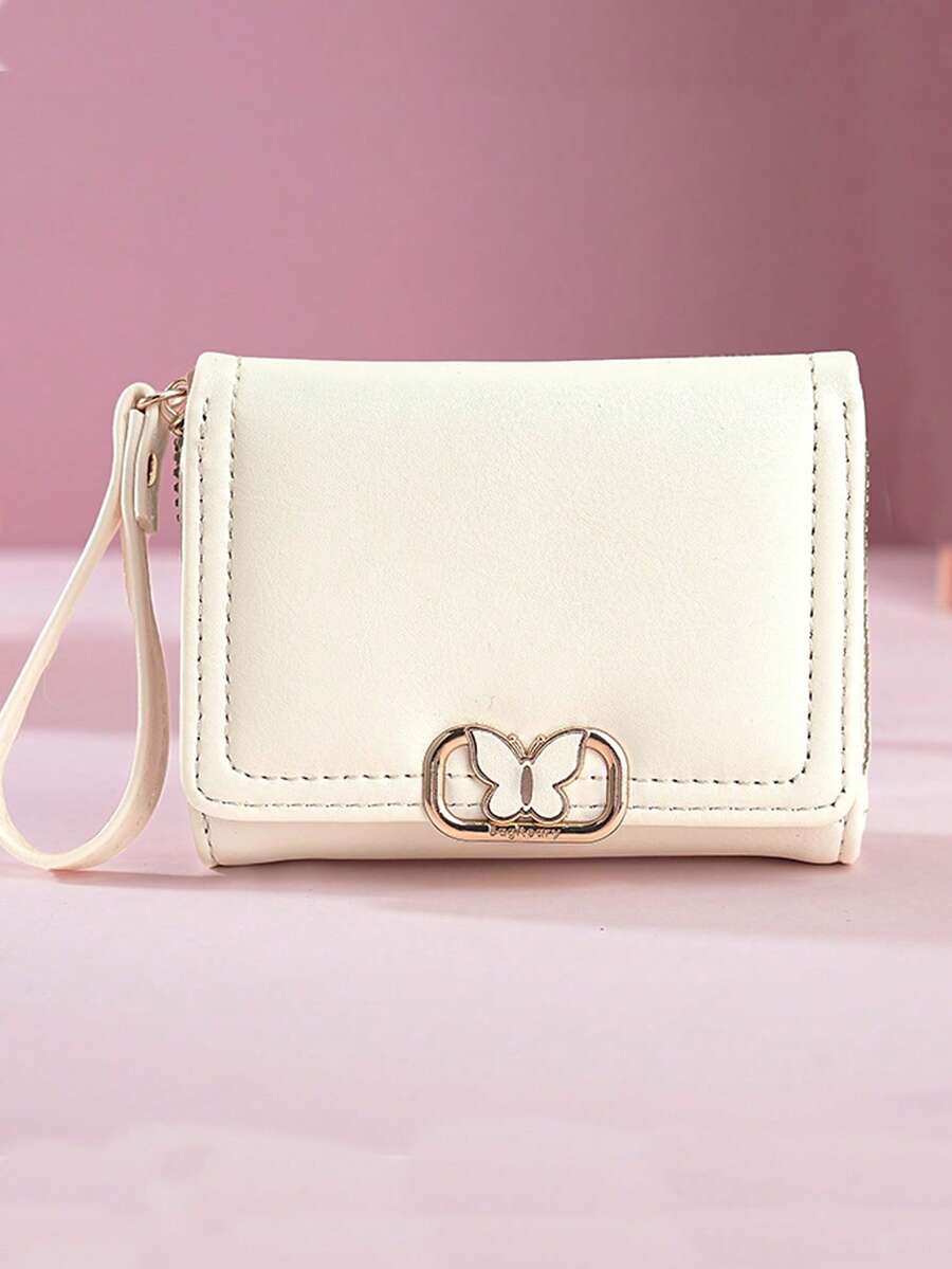 Women's Short Zipper Trifold Wallet with Butterfly Metal Decor