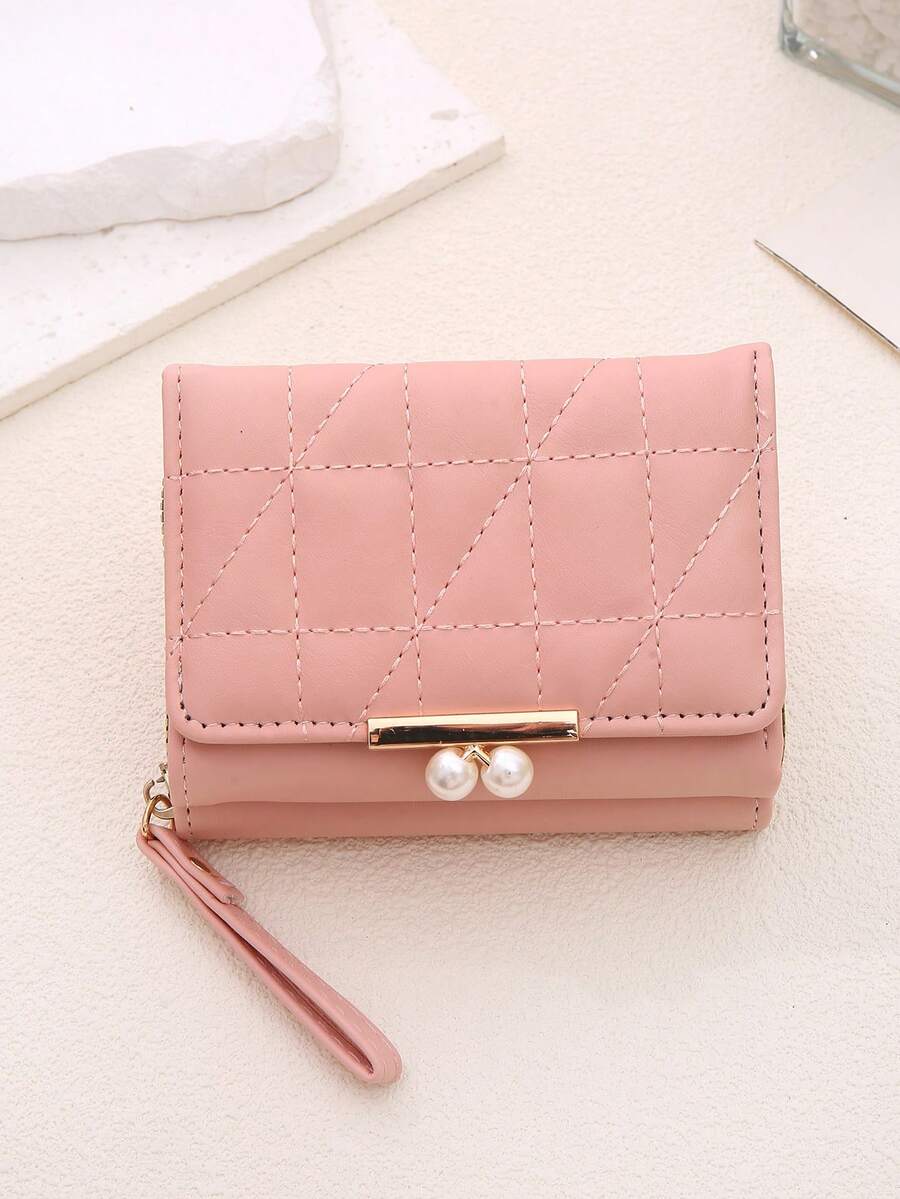 Women’s Quilted Faux Pearl Clip Wallet – 2-in-1 Rhombic Pattern Coin & Card Holder with Wrist Strap