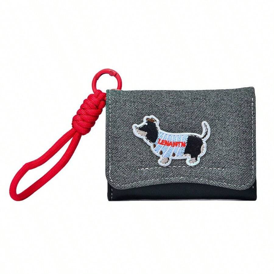 1pc Dog Print Women Flip Cover Button Wallet with Strap – Student Folding Short Handbag with Multiple Card Slots and Coin Purse