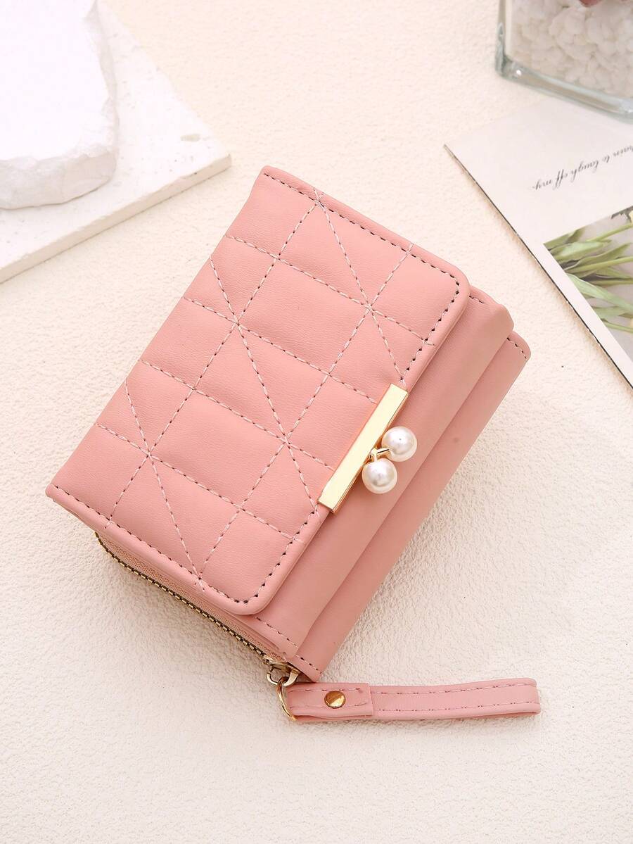 Women’s Quilted Faux Pearl Clip Wallet – 2-in-1 Rhombic Pattern Coin & Card Holder with Wrist Strap