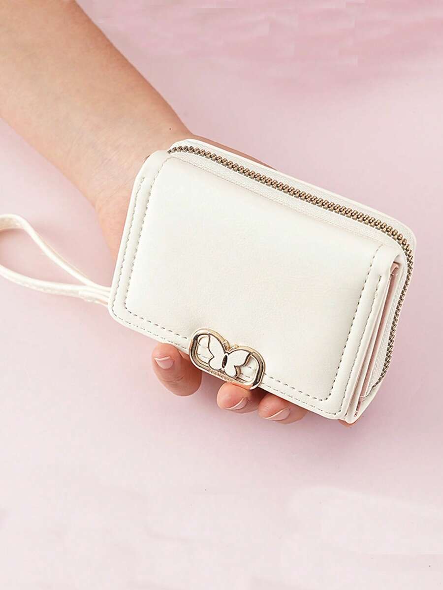Women's Short Zipper Trifold Wallet with Butterfly Metal Decor