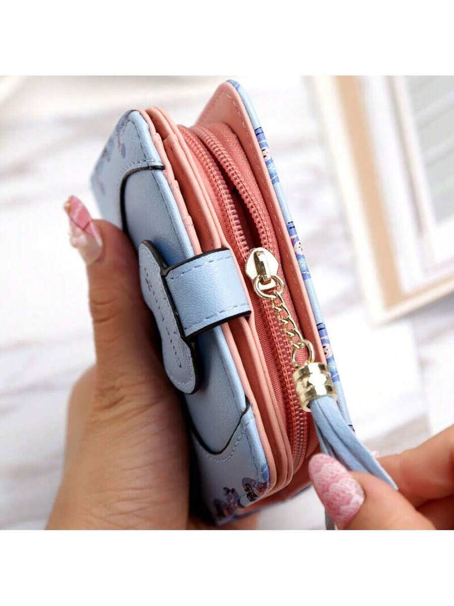 Cute Cartoon Cat Bifold Wallet with Tassel Zipper – Blue