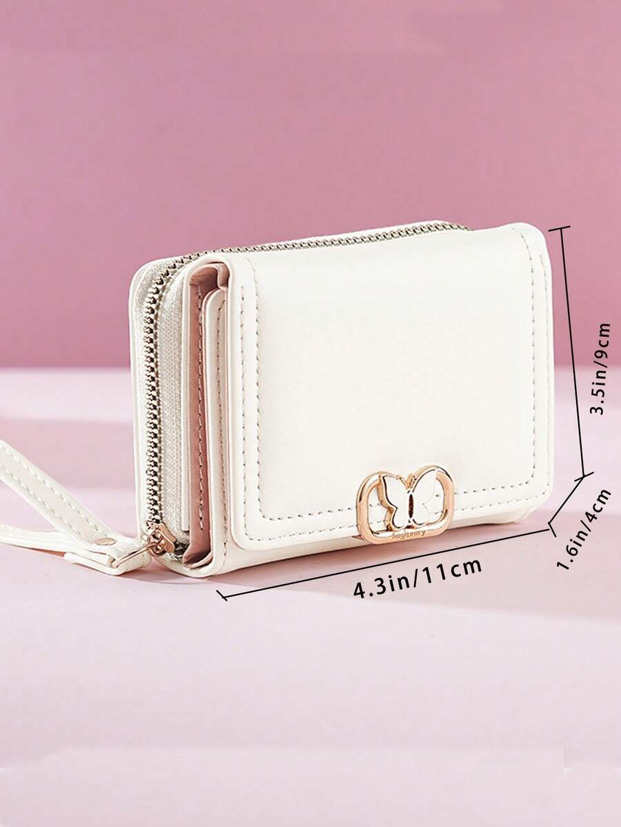 Women's Short Zipper Trifold Wallet with Butterfly Metal Decor