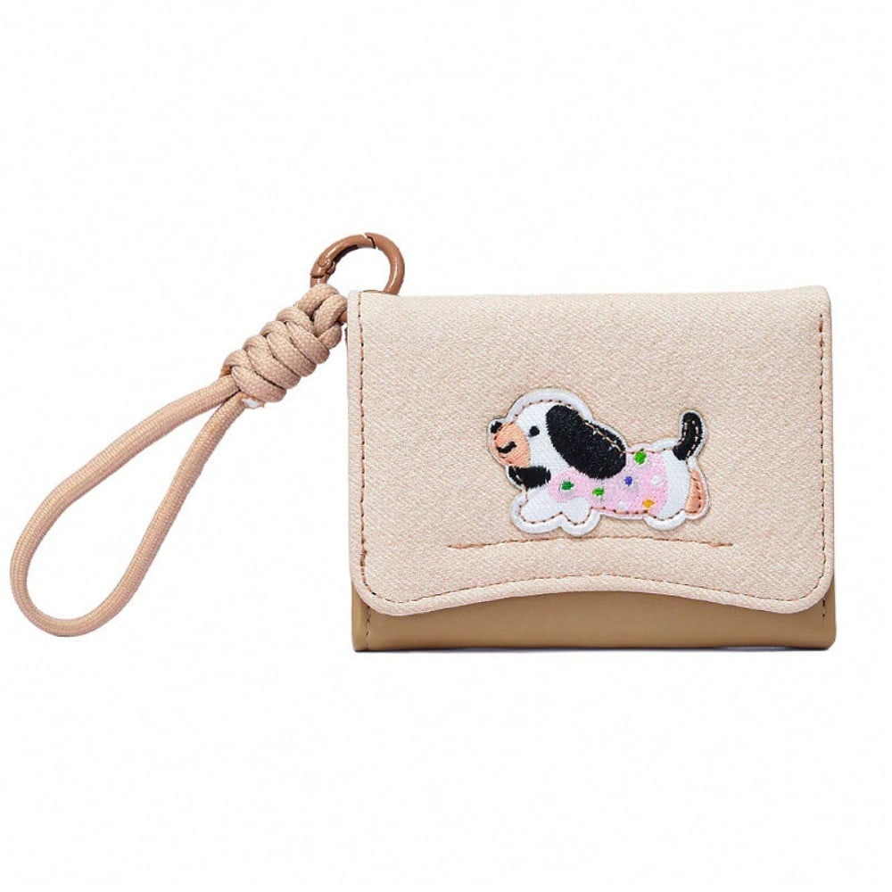 1pc Dog Print Women Flip Cover Button Wallet with Strap – Student Folding Short Handbag with Multiple Card Slots and Coin Purse