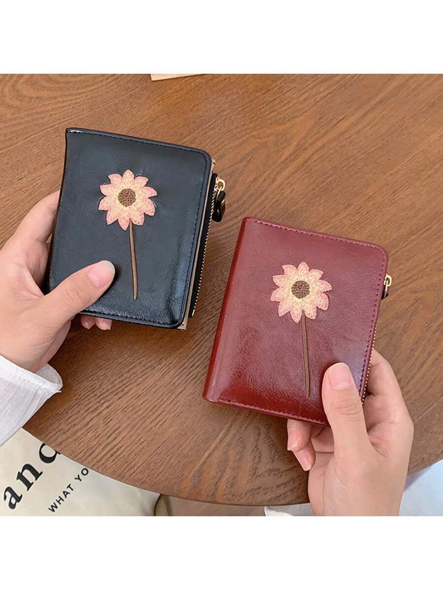 Women’s Short Wallet with Sunflower Embroidery – Retro Fashion Zipper Coin Purse