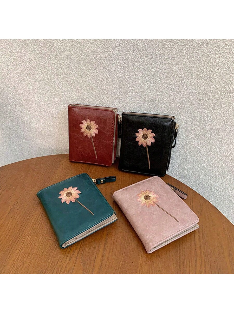 Women’s Short Wallet with Sunflower Embroidery – Retro Fashion Zipper Coin Purse