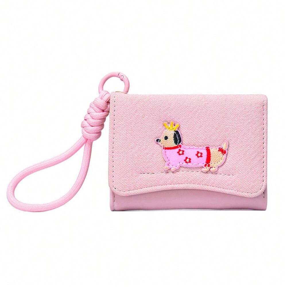 1pc Dog Print Women Flip Cover Button Wallet with Strap – Student Folding Short Handbag with Multiple Card Slots and Coin Purse