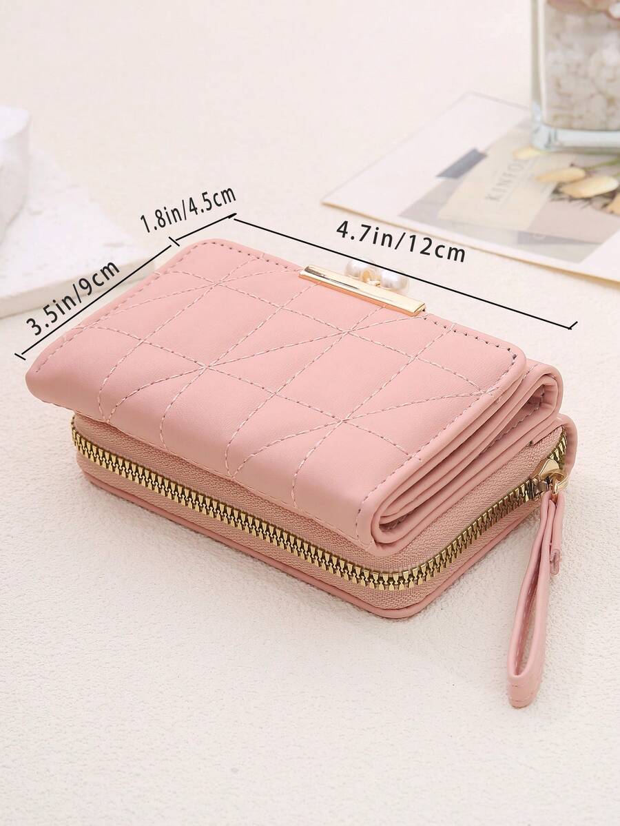 Women’s Quilted Faux Pearl Clip Wallet – 2-in-1 Rhombic Pattern Coin & Card Holder with Wrist Strap