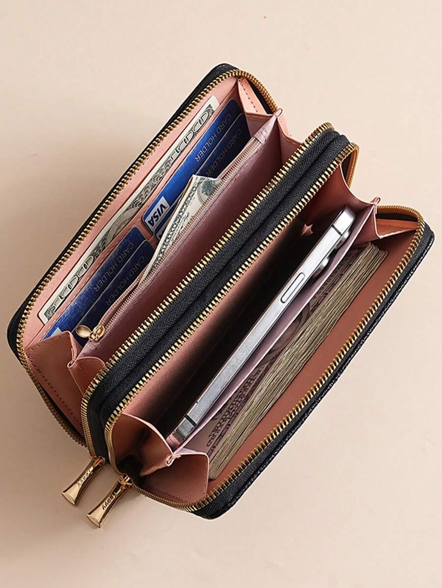Women's Long Zipper Wallet with Wrist Strap – Multi-Card Phone Holder & Coin Purse (Brown)