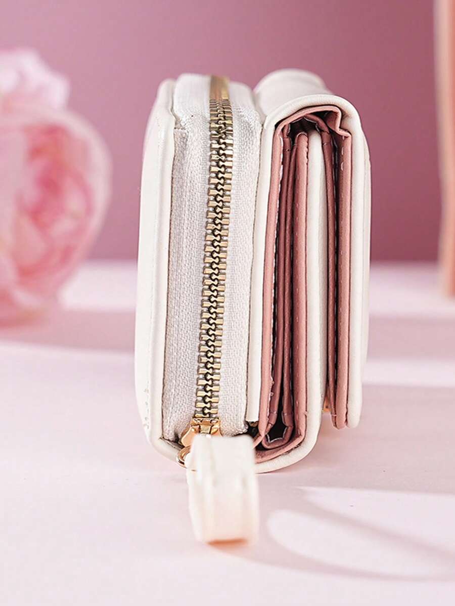 Women's Short Zipper Trifold Wallet with Butterfly Metal Decor
