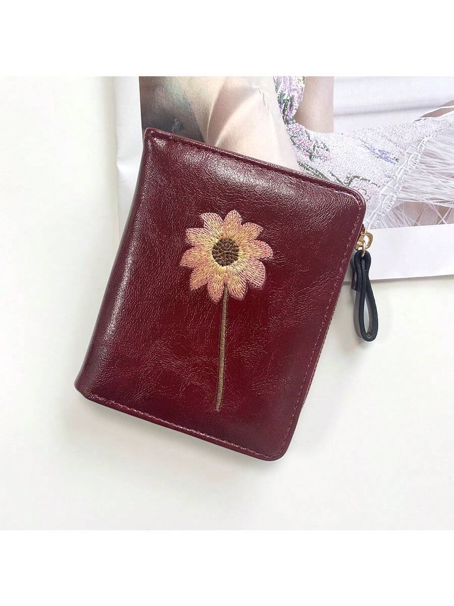 Women’s Short Wallet with Sunflower Embroidery – Retro Fashion Zipper Coin Purse