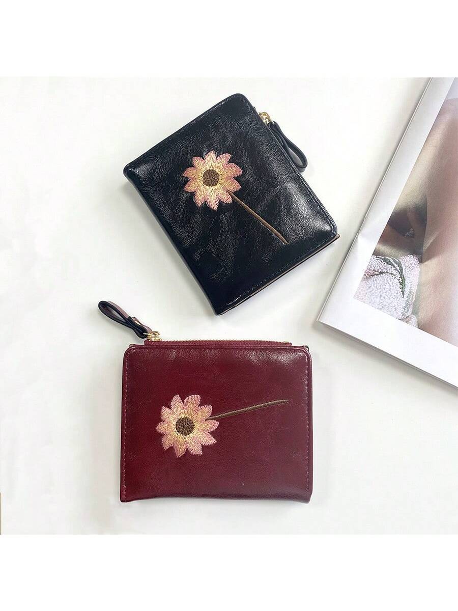 Women’s Short Wallet with Sunflower Embroidery – Retro Fashion Zipper Coin Purse