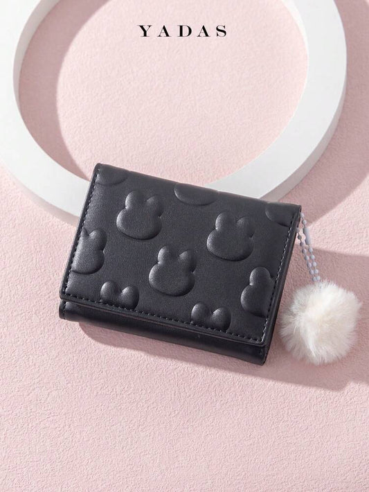 YADAS Plush Bunny Embossed Coin With 3D Pom Pom Valentines For Women Wallet Purse Small Wallet