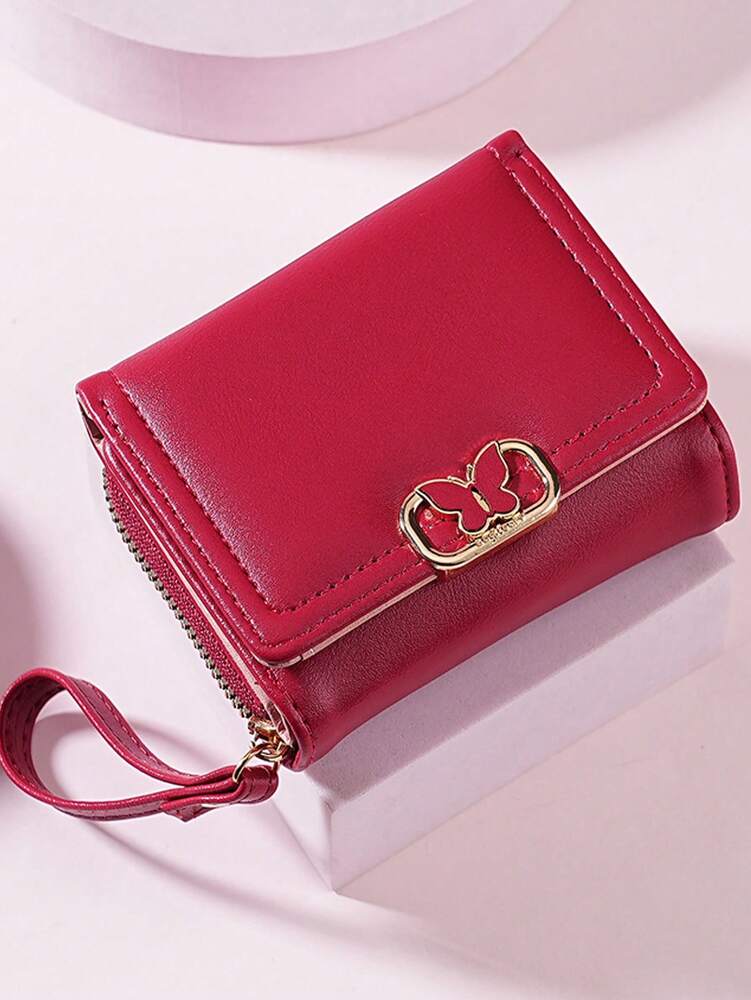 Women's Short Zipper Trifold Wallet with Butterfly Metal Decor