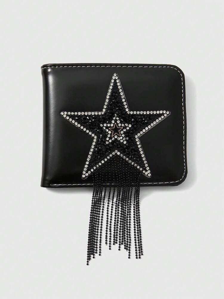 Grunge Punk Black Wallet with Rhinestone Star & Tassel Accent