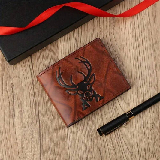 Men's Vintage Brown Wallet – Embossed Deer Head Design, Slim Bifold with Card Slots