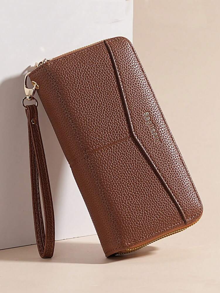 Women's Long Zipper Wallet with Wrist Strap – Multi-Card Phone Holder & Coin Purse (Brown)