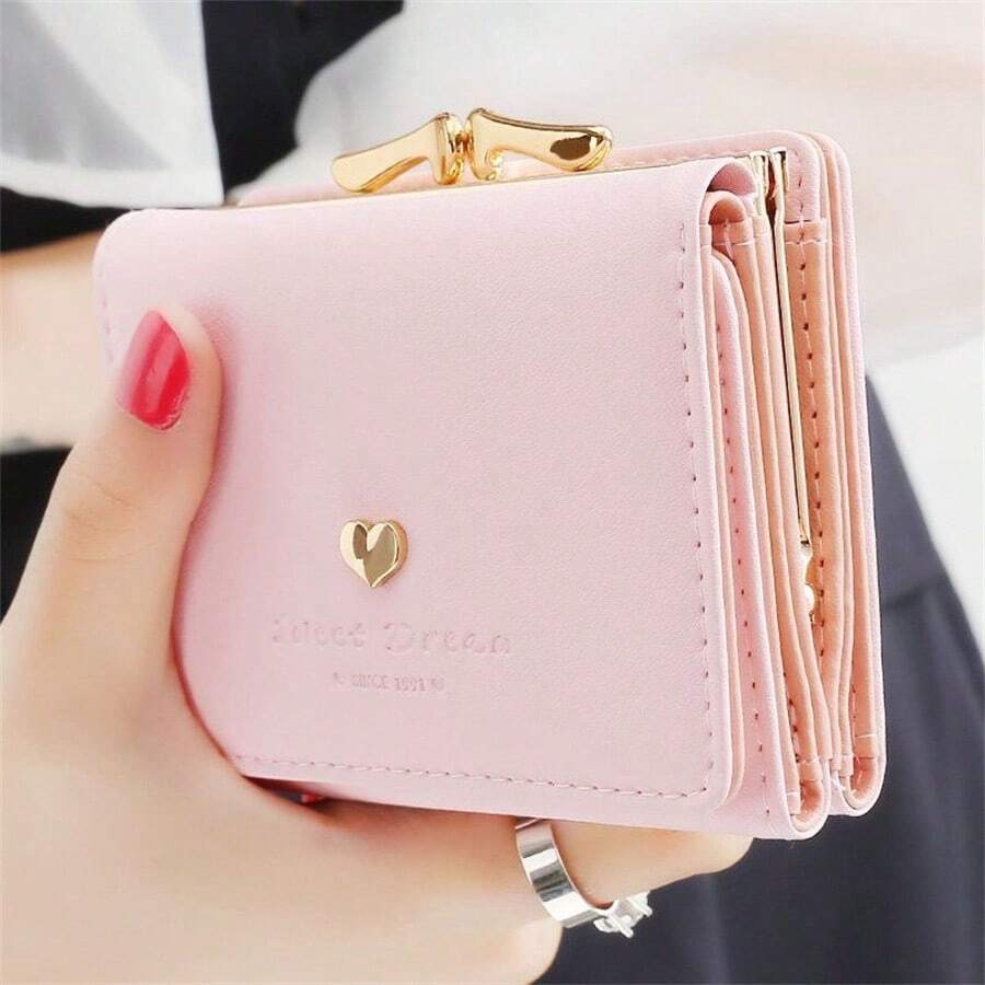 Women's Korean Style Short Wallet – Foldable PU Leather Purse with Heart Metal Detail & Kiss-Lock Coin Pocket