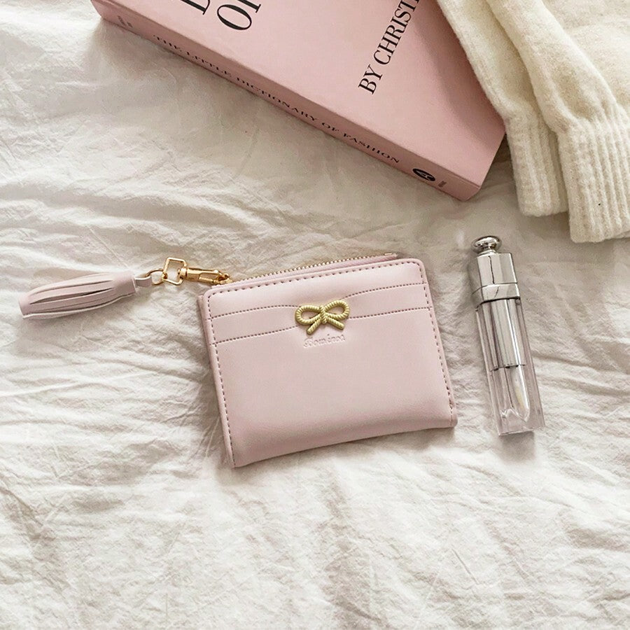 Women’s Pink Tassel Short Wallet – Korean Style Purse with Bow Charm & Card Slots