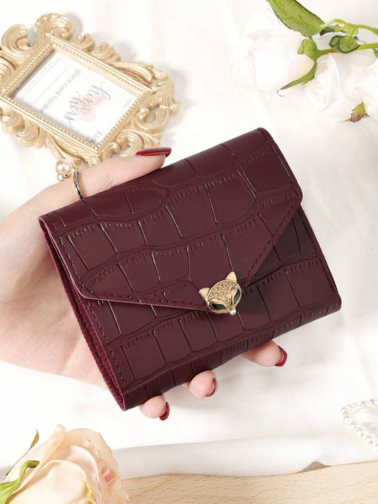 Burgundy Stone Pattern Mini Wallet with Fox Clasp