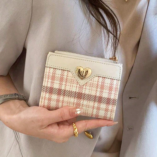 Fashionable Minimalist Heart-Shaped Zip Wallet with Plaid Pattern - Large Capacity Women’s Compact Purse