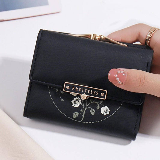 PRETTYZYS Floral Pattern Mini Black Wallet – Lightweight PU Leather with Multi-Card Layers