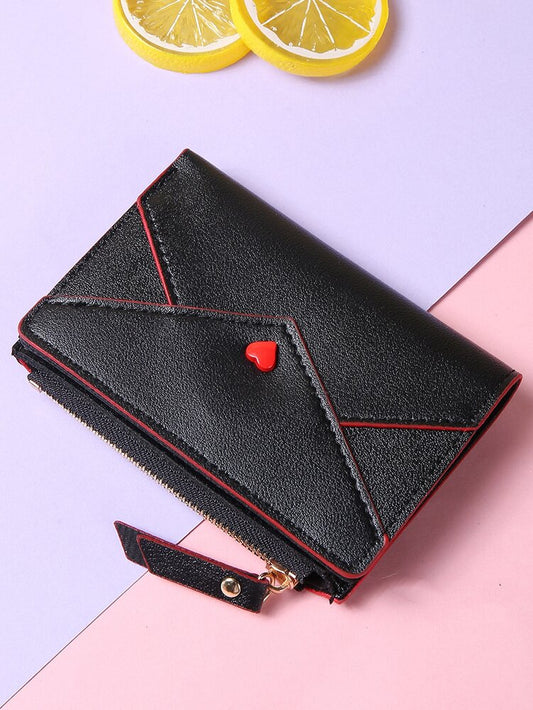 Heart Decor Credit Card Wallet with Small ID Window & Zipper Coin Purse – Portable and Stylish