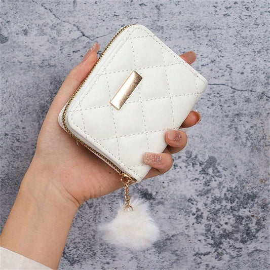 Mini Quilted PU Leather Coin Purse – White with Gold Accent & Fuzzy Charm