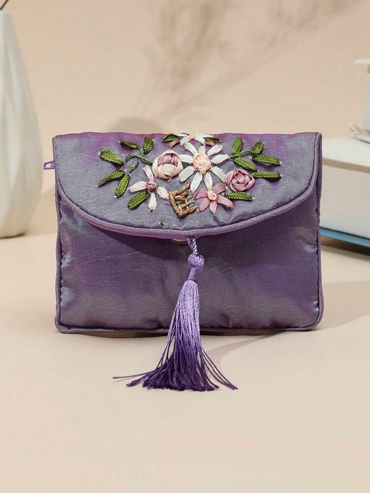 Women's Embroidered Wallet – Vintage Zip Clutch with Large Capacity | Flower Embroidery & Tassel Design